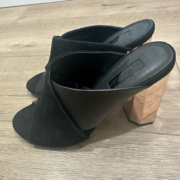 Topshop Razzmatazz black suede mule heel gold-tone geometric block heel spring 7 - Picture 3 of 6